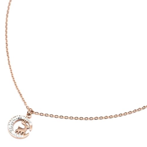 Collier-Fine-Chaine-avec-Pendentif-Lune-Strass-et-Cerf-Acier-Or-Rose