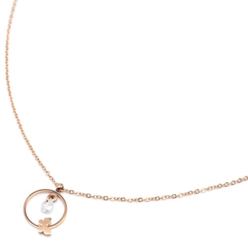 Collier-Fine-Chaine-avec-Pendentif-Cercle-Papillon-Acier-Or-Rose-et-Pierre