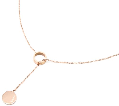 Collier-Fine-Chaine-avec-Pendentif-Y-Anneau-et-Medaille-Love-Acier-Or-Rose