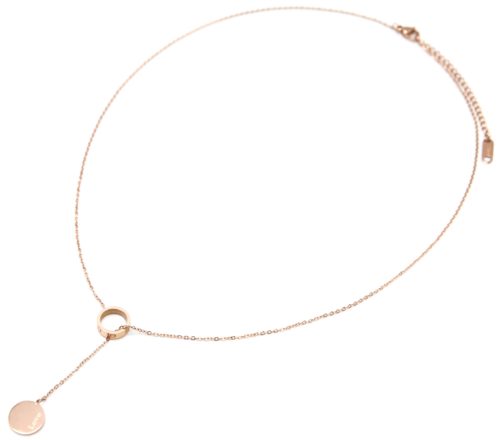 Collier-Fine-Chaine-avec-Pendentif-Y-Anneau-et-Medaille-Love-Acier-Or-Rose