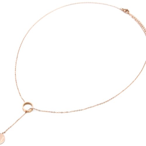 Collier-Fine-Chaine-avec-Pendentif-Y-Anneau-et-Medaille-Love-Acier-Or-Rose