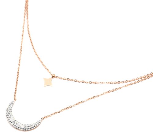 Collier-Double-Chaine-Acier-Or-Rose-avec-Pendentifs-Etoile-Polaire-et-Lune-Strass