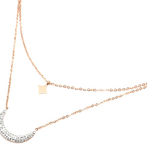 Collier-Double-Chaine-Acier-Or-Rose-avec-Pendentifs-Etoile-Polaire-et-Lune-Strass