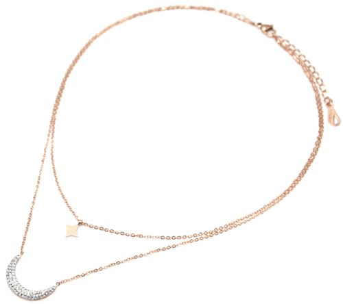 Collier-Double-Chaine-Acier-Or-Rose-avec-Pendentifs-Etoile-Polaire-et-Lune-Strass