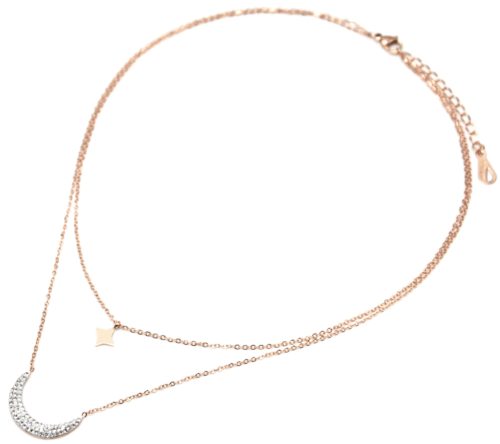 Collier-Double-Chaine-Acier-Or-Rose-avec-Pendentifs-Etoile-Polaire-et-Lune-Strass