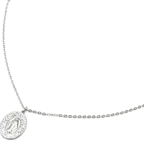 Collier-Fine-Chaine-Acier-Argente-avec-Pendentif-Vierge-Marie-Contour-Strass-Blanc