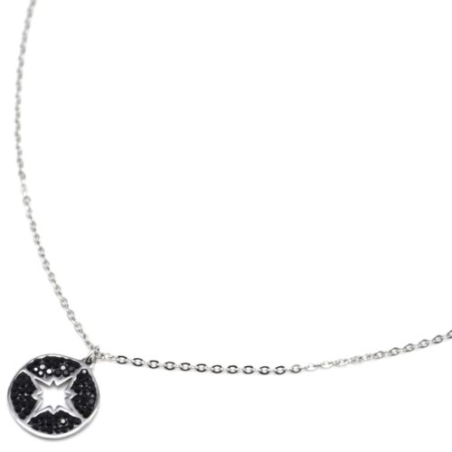 Collier-Fine-Chaine-Acier-Argente-avec-Cercle-Strass-Noir-Motif-Ajoure-Etoile-Polaire