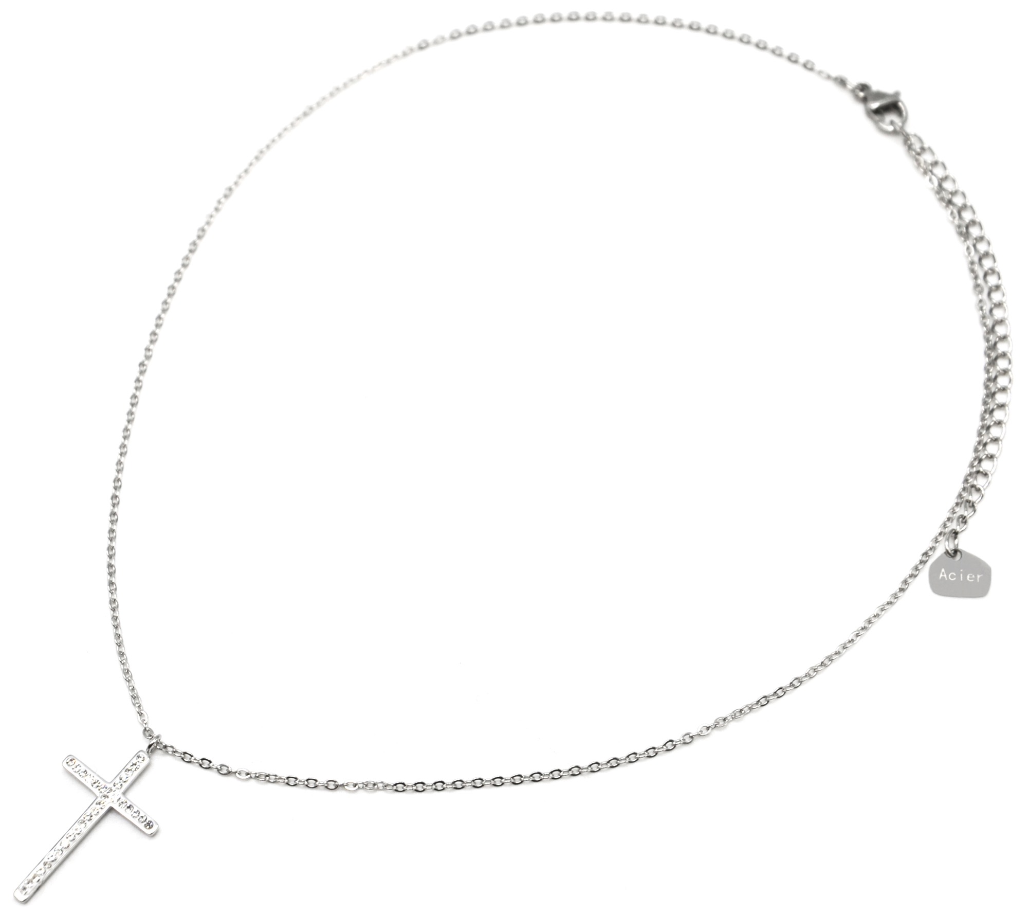 CC2127F Collier Fine Chaîne Mini Perles Email Blanc et Croix Acier Argenté