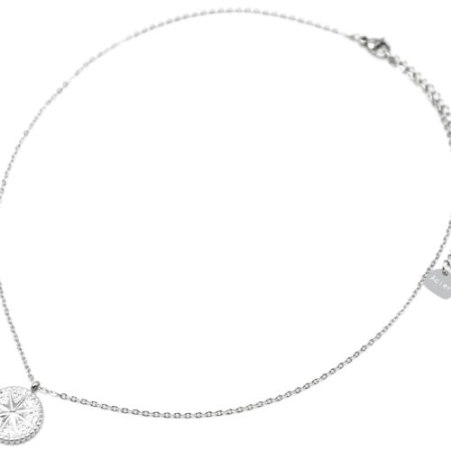 Collier-Fine-Chaine-Acier-Argente-avec-Cercle-Strass-Blanc-Motif-Soleil