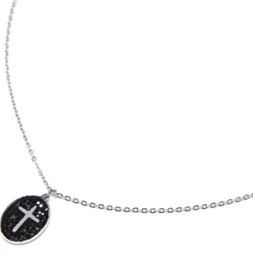 Collier-Fine-Chaine-Acier-Argente-avec-Croix-Contour-Ovale-Strass-Noir