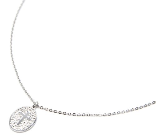 Collier-Fine-Chaine-Acier-Argente-avec-Croix-Contour-Ovale-Strass-Blanc