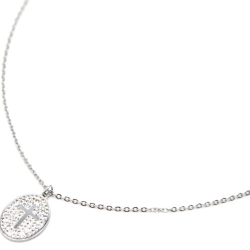 Collier-Fine-Chaine-Acier-Argente-avec-Croix-Contour-Ovale-Strass-Blanc