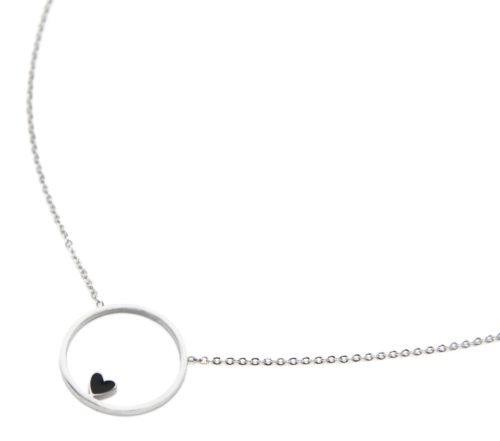Collier-Fine-Chaine-avec-Pendentif-Cercle-Contour-Acier-Argente-et-Coeur-Noir