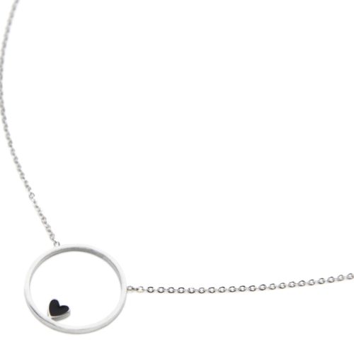 Collier-Fine-Chaine-avec-Pendentif-Cercle-Contour-Acier-Argente-et-Coeur-Noir