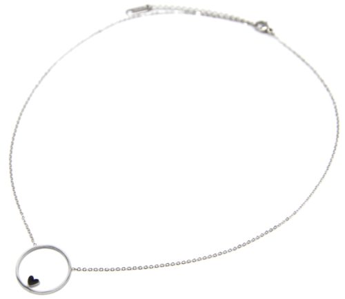 Collier-Fine-Chaine-avec-Pendentif-Cercle-Contour-Acier-Argente-et-Coeur-Noir