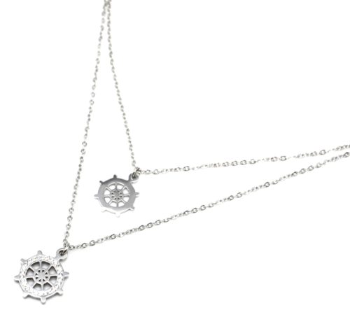 Collier-Double-Chaine-avec-Pendentifs-Gouvernail-Strass-et-Acier-Argente