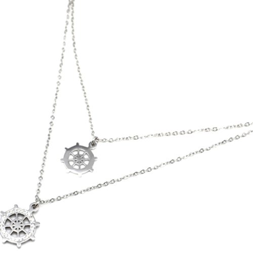 Collier-Double-Chaine-avec-Pendentifs-Gouvernail-Strass-et-Acier-Argente