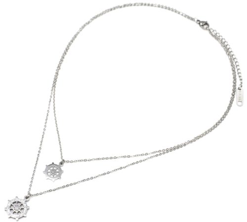 Collier-Double-Chaine-avec-Pendentifs-Gouvernail-Strass-et-Acier-Argente