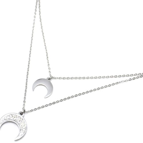 Collier-Double-Chaine-avec-Pendentifs-Corne-Lune-Strass-et-Acier-Argente