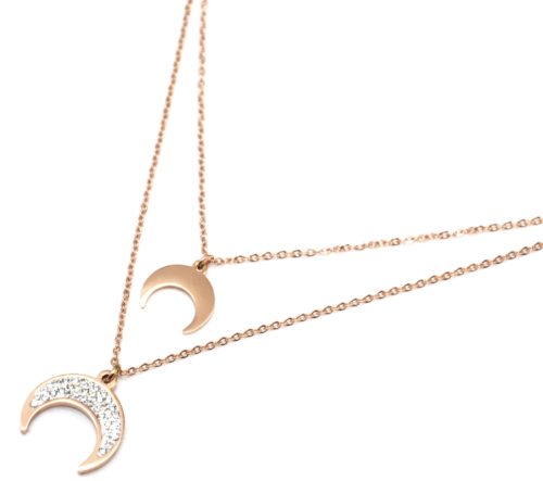 Collier-Double-Chaine-avec-Pendentifs-Corne-Lune-Strass-et-Acier-Or-Rose