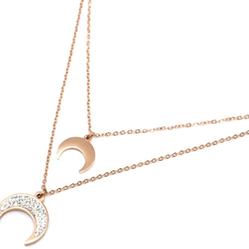 Collier-Double-Chaine-avec-Pendentifs-Corne-Lune-Strass-et-Acier-Or-Rose