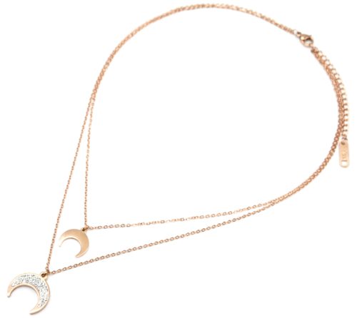 Collier-Double-Chaine-avec-Pendentifs-Corne-Lune-Strass-et-Acier-Or-Rose