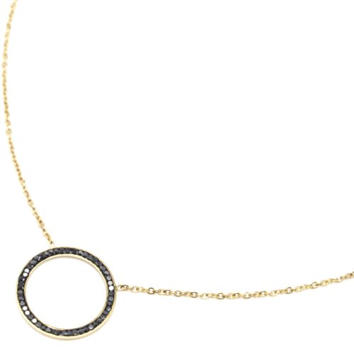 Collier-Fine-Chaine-Acier-Dore-avec-Pendentif-Cercle-Contour-Strass-Gris