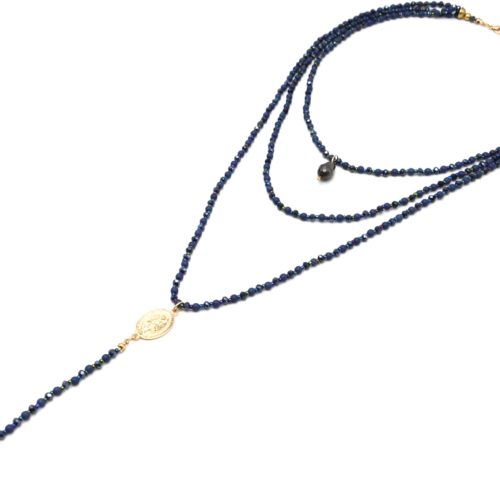 Sautoir-Collier-Multi-Rangs-Perles-Brillantes-Bleu-Chapelet-Vierge-Marie-et-Croix-Metal-Dore