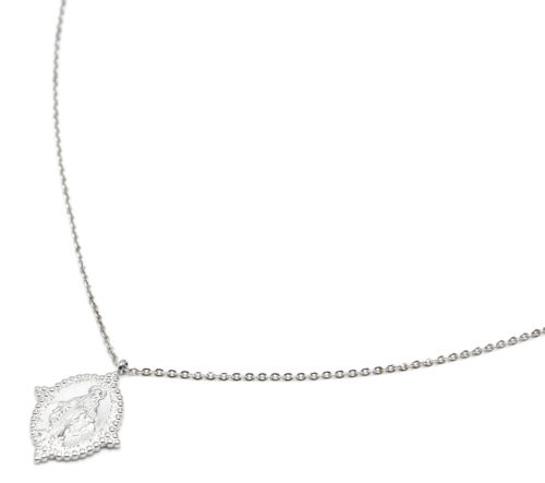 Sautoir-Collier-Fine-Chaine-avec-Medaille-Vierge-Marie-Contour-Points-Acier-Argente