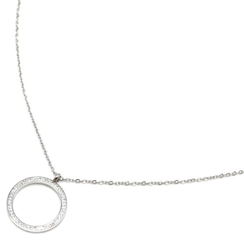 Sautoir-Collier-Fine-Chaine-Acier-Argente-avec-Pendentif-Cercle-Contour-Strass-Blanc