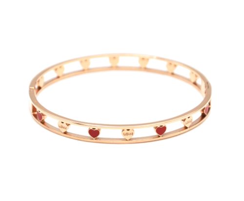 Bracelet-Jonc-Acier-Or-Rose-avec-Bande-Ajouree-Coeurs-Rouge-Bleu-et-Love