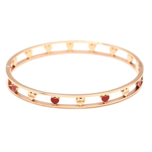 Bracelet-Jonc-Acier-Or-Rose-avec-Bande-Ajouree-Coeurs-Rouge-Bleu-et-Love