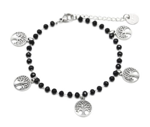 Bracelet-Perles-Noires-avec-Multi-Charms-Arbres-de-Vie-Acier-Argente