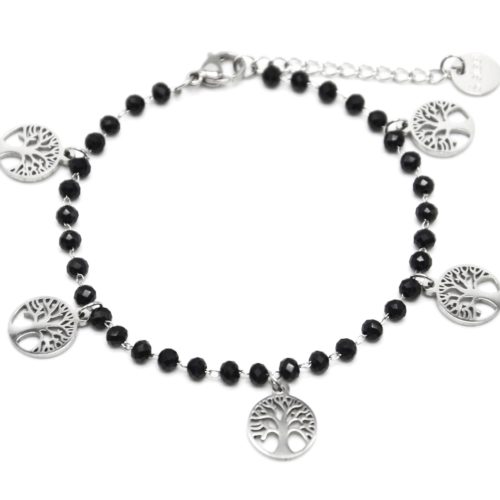 Bracelet-Perles-Noires-avec-Multi-Charms-Arbres-de-Vie-Acier-Argente