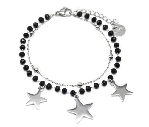 Bracelet-Perles-Noires-et-Boules-avec-Charms-Etoiles-Acier-Argente