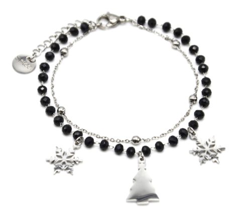 Bracelet-Perles-Noires-et-Boules-avec-Charms-Flocons-Sapin-Acier-Argente