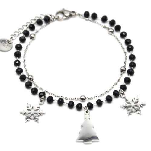 Bracelet-Perles-Noires-et-Boules-avec-Charms-Flocons-Sapin-Acier-Argente