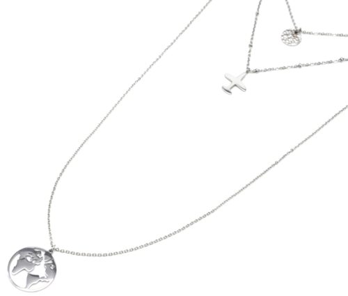 Collier-Triple-Chaine-avec-Medaille-Martelee-Avion-et-Globe-Acier-Argente