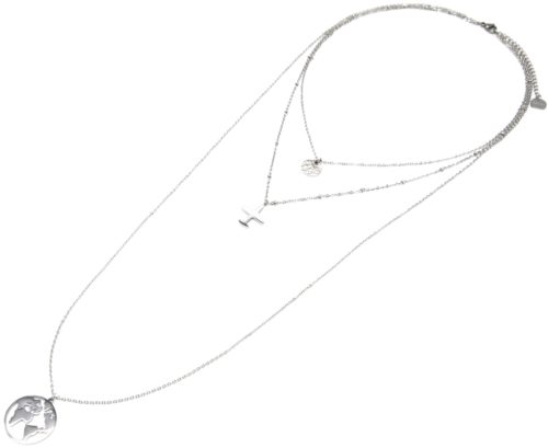 Collier-Triple-Chaine-avec-Medaille-Martelee-Avion-et-Globe-Acier-Argente