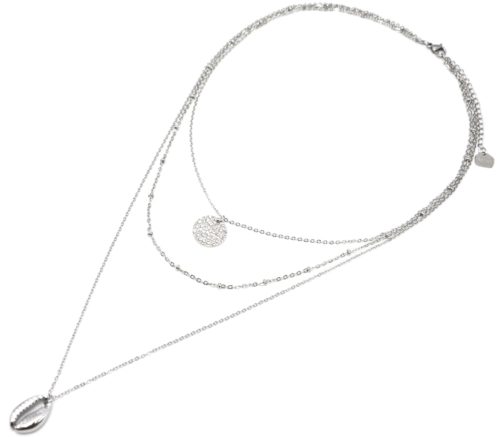 Collier-Triple-Chaine-avec-Medaille-Martelee-et-Cauri-Acier-Argente