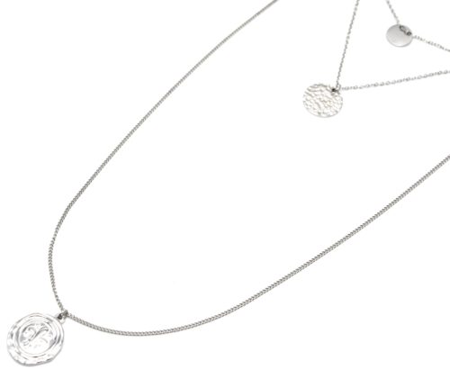 Collier-Triple-Chaine-avec-Medailles-Martelee-et-Fleur-de-Lys-Acier-Argente