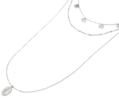 Collier-Triple-Chaine-avec-Pampilles-Martelees-et-Ovale-Triple-Points-Acier-Argente