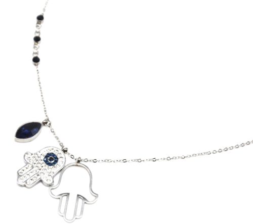 Collier-Pendentifs-Main-de-Fatma-Strass-Acier-Argente-et-Pierre-Bleue