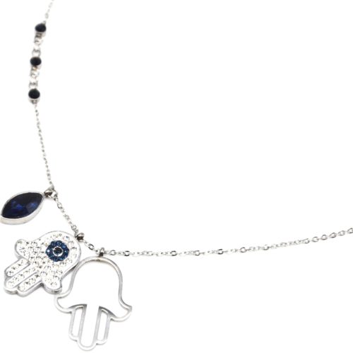 Collier-Pendentifs-Main-de-Fatma-Strass-Acier-Argente-et-Pierre-Bleue