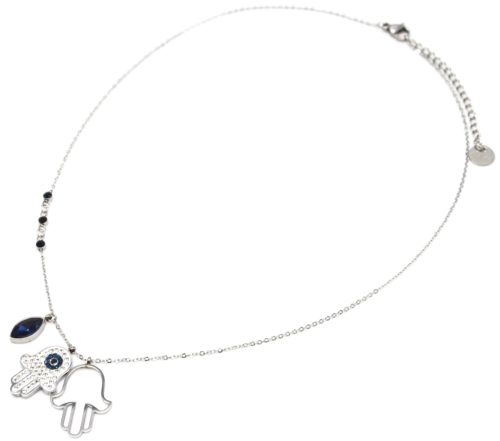 Collier-Pendentifs-Main-de-Fatma-Strass-Acier-Argente-et-Pierre-Bleue