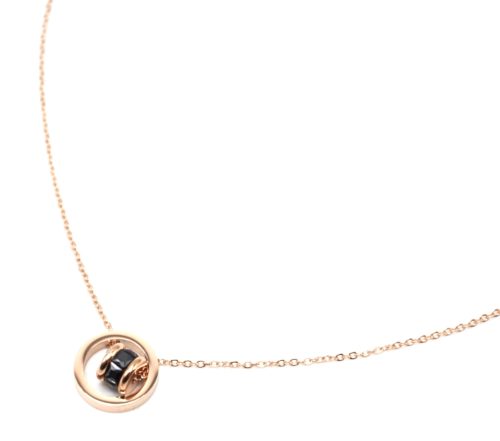 Collier-Fine-Chaine-avec-Pendentif-Cercle-Acier-Or-Rose-et-Anneau-Pierres-Noires