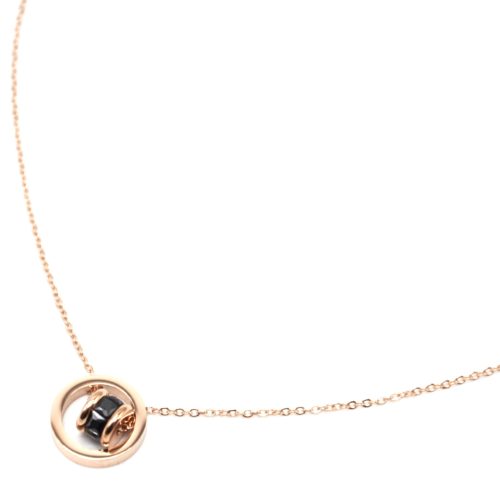 Collier-Fine-Chaine-avec-Pendentif-Cercle-Acier-Or-Rose-et-Anneau-Pierres-Noires