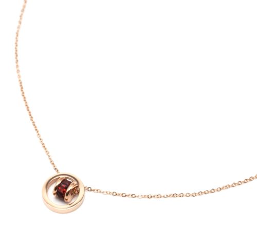 Collier-Fine-Chaine-avec-Pendentif-Cercle-Acier-Or-Rose-et-Anneau-Pierres-Rouges