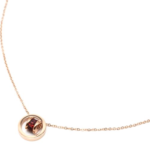 Collier-Fine-Chaine-avec-Pendentif-Cercle-Acier-Or-Rose-et-Anneau-Pierres-Rouges