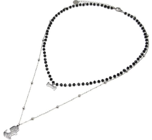 Collier-Double-Chaine-Perles-Noires-avec-Pendentifs-Os-et-Chien-Acier-Argente